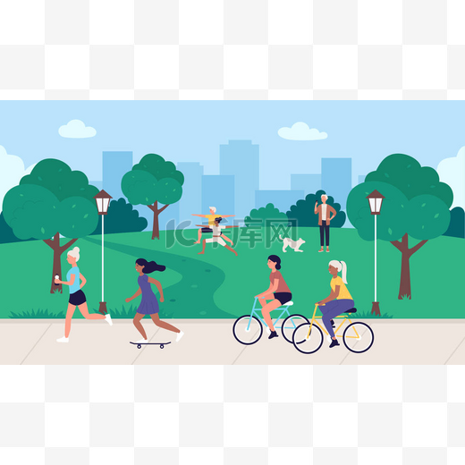 体育运动中的人们健康活动载体图解，卡通平面运动员人物跑步，活跃的女人骑自行车，滑板或走路图片