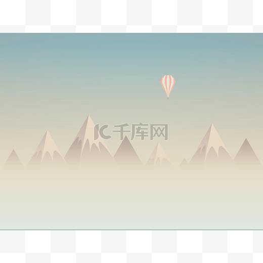 Low poly mountains landscape vector background with balloon flying above clouds or mist. Symbol of exploration, discovery and outdoor adventures.图片