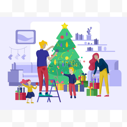贺卡冬季假期。圣诞快乐, 新年快乐网站。人物家族与目前装饰圣诞树的背景下的内部图片
