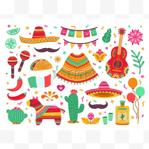 Cinco de mayo 。吉他派对，孤立的墨西哥嘉年华装饰。仙人掌、缎子生日喜庆元素、西班牙山楂病媒集图片