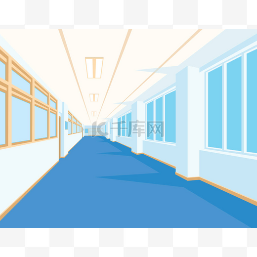 内部的学校礼堂用蓝色地板、 窗户和列.图片
