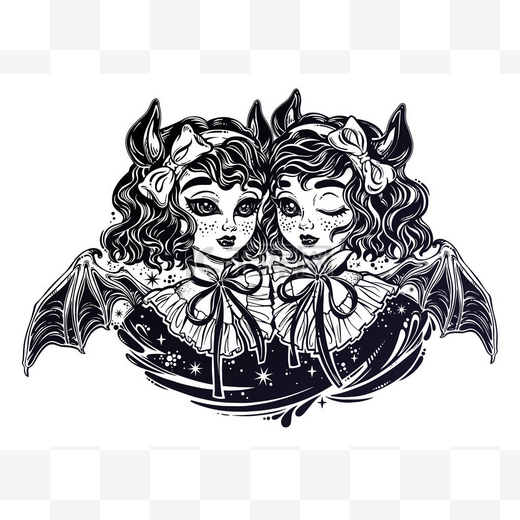 哥特式维多利亚双胞胎巫婆吸血鬼女孩头画像.图片
