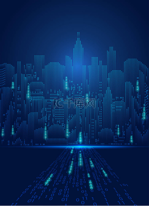 抽象技术背景；数字景观；矩阵风格的数字建筑；蓝光二元城市图片