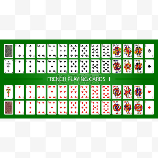 扑克套装与孤立的卡片绿色背景。52张有小丑的法国扑克牌.图片