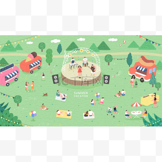 室外音乐节概念图解。人们在公园野餐.人们坐在绿草上，野餐时吃饭，夏天在户外度周末.图片