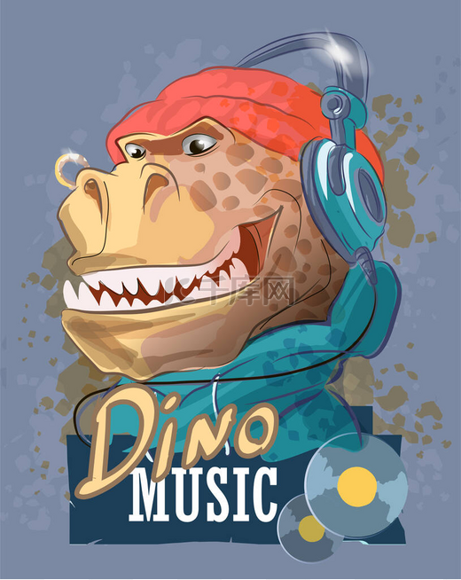 戴着耳机和帽子的恐龙说唱歌手。Tyrannosaur，排字懒汉，卡通角色。可用于平面设计贺卡，用于平面设计，横幅，海报，传单模板.图片