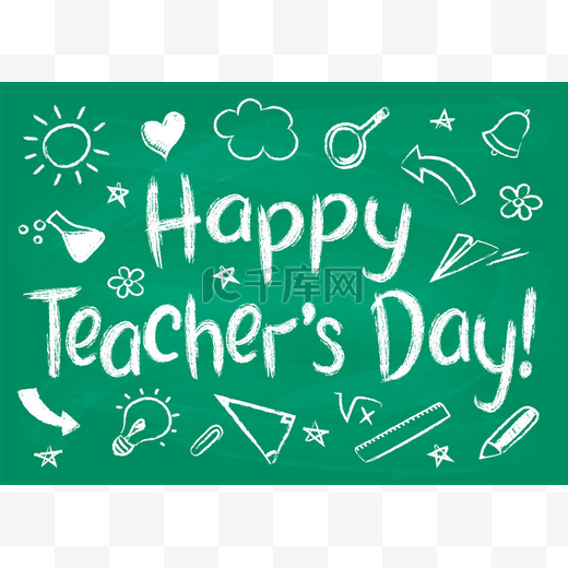 快乐的教师日贺卡或海报上的绿色粉笔板在粗略的风格与 handdrawn 学校涂鸦.图片