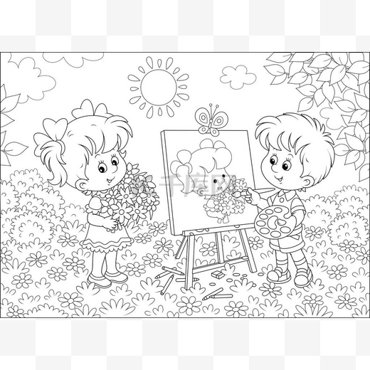 小男孩在阳光明媚的夏日，在花园里画了一束美丽的花，用卡通风格画黑白矢量插图，画了一幅可爱的微笑女孩的肖像。图片