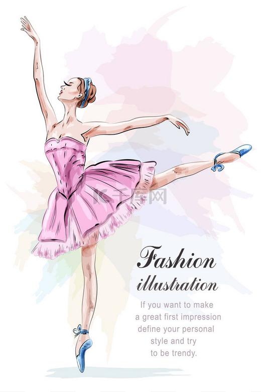 年轻漂亮的芭蕾舞女演员在时尚的粉红色礼服上摆着舞。矢量插图. 图片