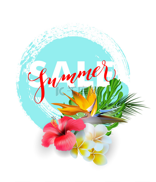 Summer sale Concept. Summer background with tropical flowers.  Template Vector.图片