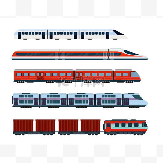 现代客运列车矢量图解集。地铁运输, 高速列车和地下火车。平面式地铁列车.图片