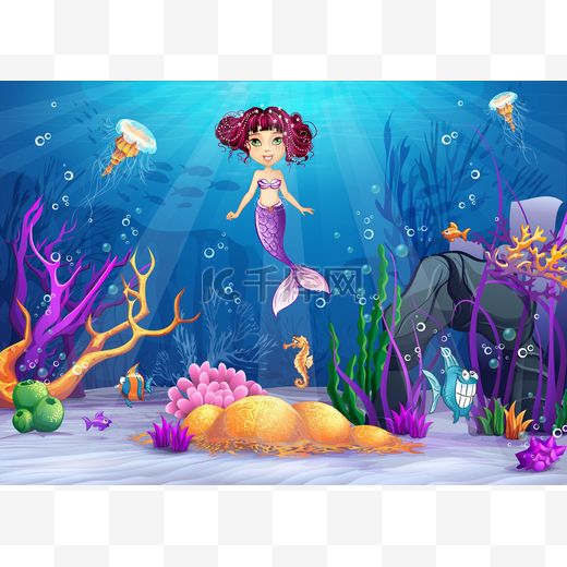 水下世界的粉红色头发的美人鱼图片