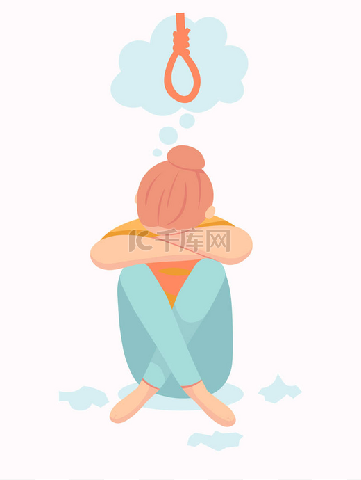 抑郁的女人想靠挂绳子自杀。悲伤的少女想到死亡。抑郁症的女人坐在地板上。沮丧的女孩哭着用她的手捂住她的脸图片