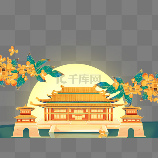 国潮中秋节古典建筑桂花装饰图片