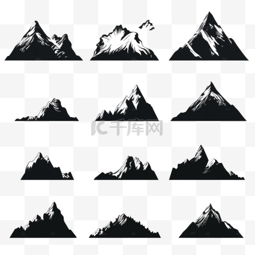 一组山，白色背景上的山的轮廓是山的图标图片