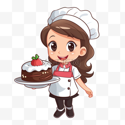 可爱的厨师女孩穿着制服，手持蛋糕餐厅标志，卡通艺术插图图片