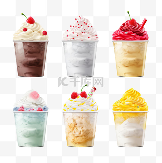 一套逼真的白色塑料杯，配上不同口味的冰淇淋图片