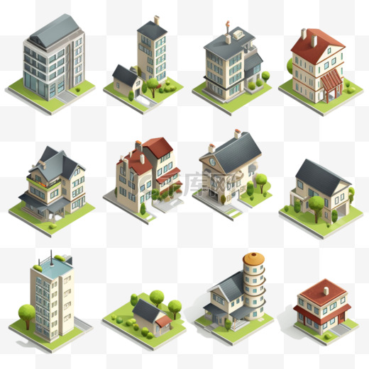 联排别墅建筑图标与城市景观等距隔离插图图片