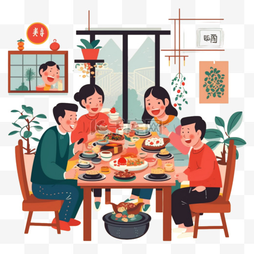 中秋节扁平风插画手绘家庭团圆饭美食赏月图片