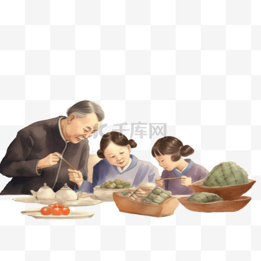 中秋节家庭团圆饭美食赏月手绘扁平风插画图片