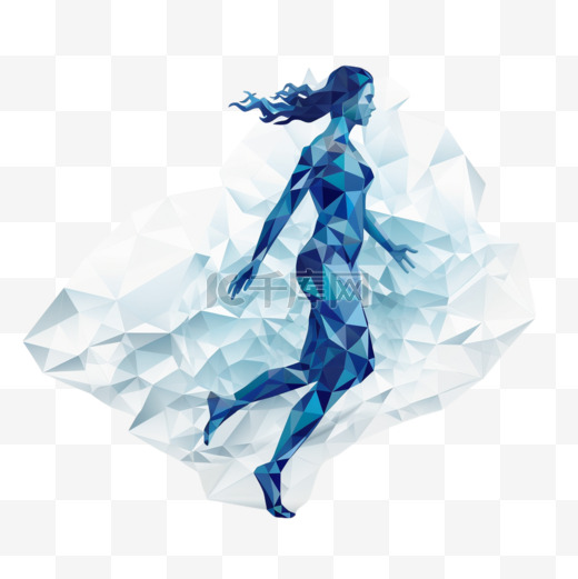蓝色几何女性奔跑插图。图片