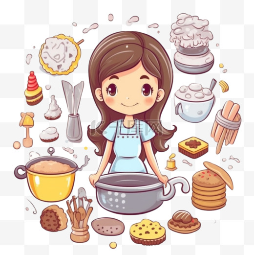 可爱的女孩在厨房和面包店烹饪涂鸦元素卡通艺术插图图片