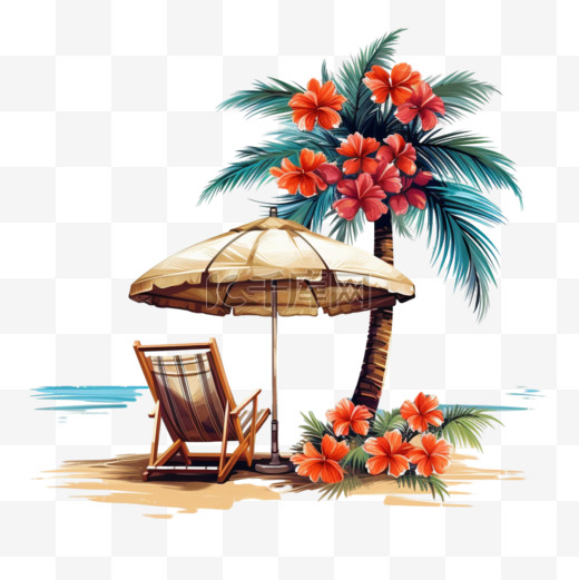夏日露台陈列堆沙花椰树沙滩伞沙滩椅海报图片