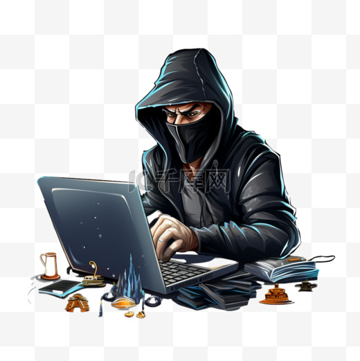 戴着面具、手套和帽子的小偷从电脑上窃取密码图片