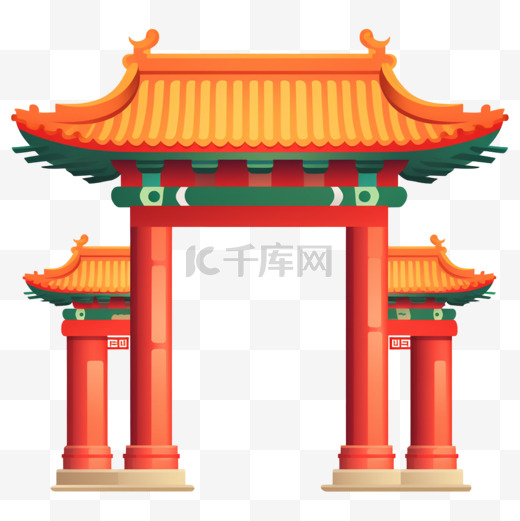 中国风中式门楼建筑插画装饰免抠元素图片