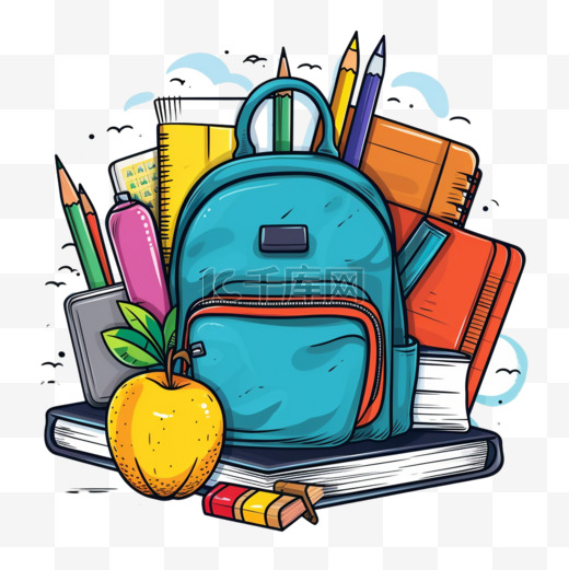 回学校去。学生背包里有教学用品书、铅笔和尺子。笔记本，计算器和书籍，教育向量海报。插图重回校园，进修大学图片