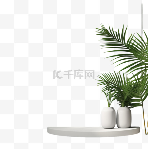 抽象的白色3D房间，带有逼真的白色圆柱体基座和棕榈叶阴影覆盖图片