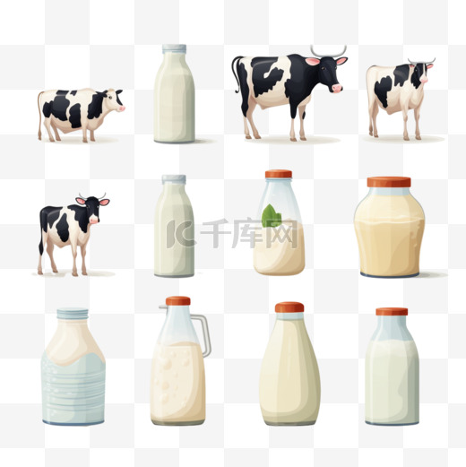 牛奶在不同容器中的矢量插图集。新鲜牛奶装在纸盒、瓶子、玻璃杯、杯子里，不同的包装以白色为底色。食品、乳制品概念图片