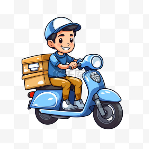 可爱的男性快递包裹，配有摩托车卡通向量图标插图。人的工作图片