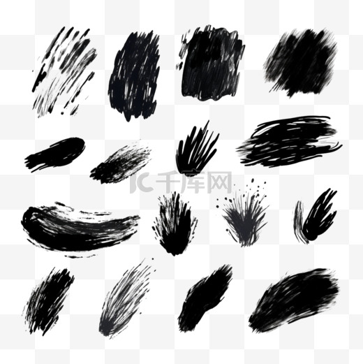 手绘抽象黑色画笔笔触的集合。一组形状，白色上隔离的边框图片