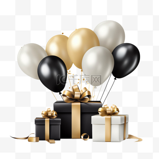 生日快乐，黑色、白色和金色的礼盒和气球图片