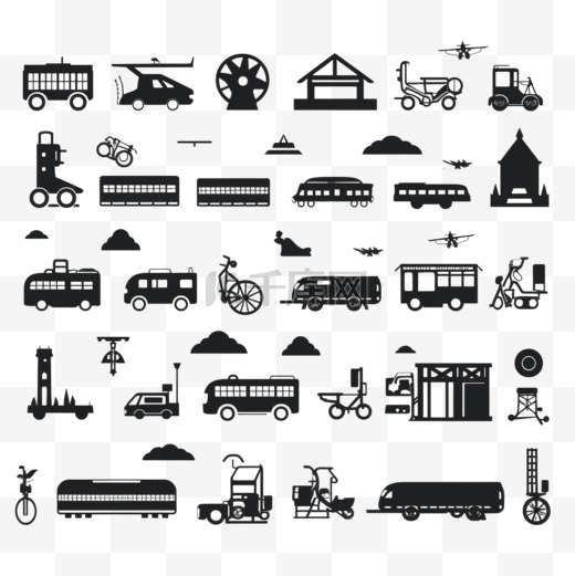 交通剪影图标集。公交车站字形符号。铁路、摩托车图片