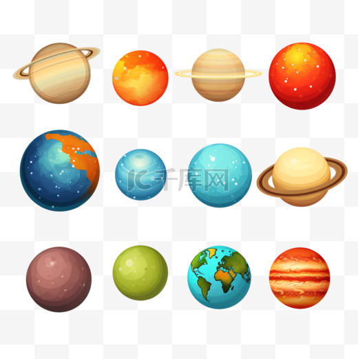 太阳、月亮、水星、金星、地球、火星、木星、土星、天王星、海王星、彩色行星集图片