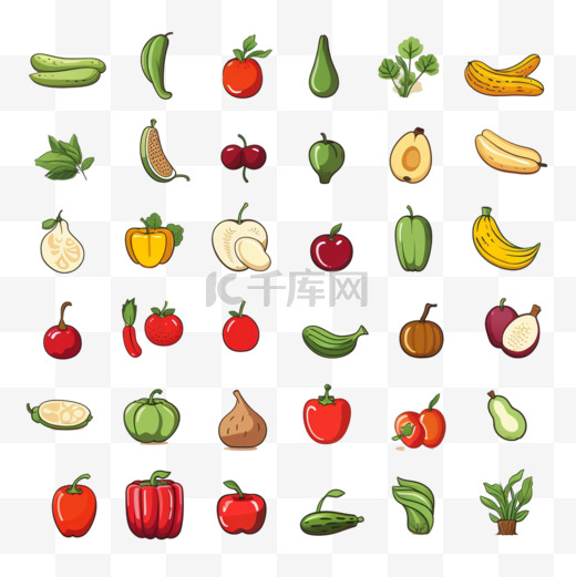 涂鸦水果和蔬菜的图标。图片