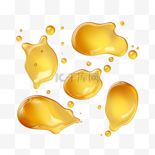 透明的背景上分离出金色的油渍或蜂蜜。有机化妆品或食用油的液体金滴的真实模型，透明黄色水坑的俯视图图片