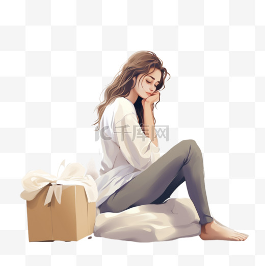女人坐着抱着枕头，想着改善她的健康图片