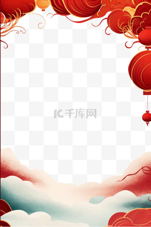新年祥云边框红色灯笼手绘元素图片