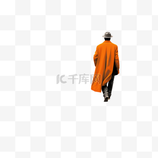 一名身穿橙色夹克、头戴棕色帽子的男子站在灰色混凝土楼梯上图片