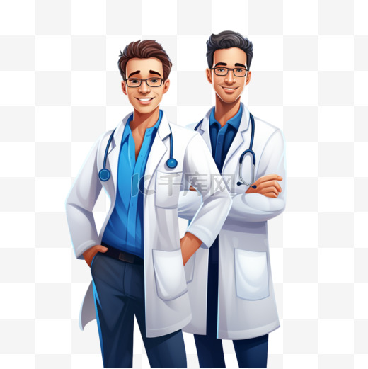 两名身穿蓝色实验室大衣的男子图片