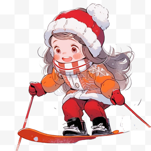冬天可爱的女孩滑雪卡通手绘免抠元素图片