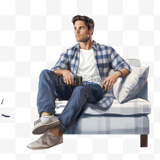 一名男子坐在沙发上，穿着蓝白相间的格子衬衫图片