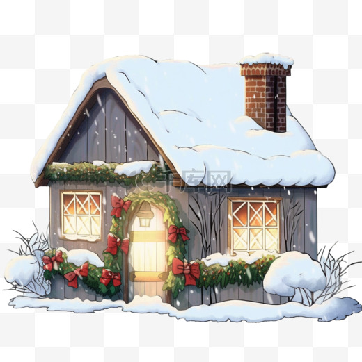 冬天小木屋圣诞下雪手绘元素图片