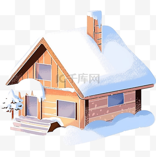 免抠冬天小木屋下雪手绘元素图片