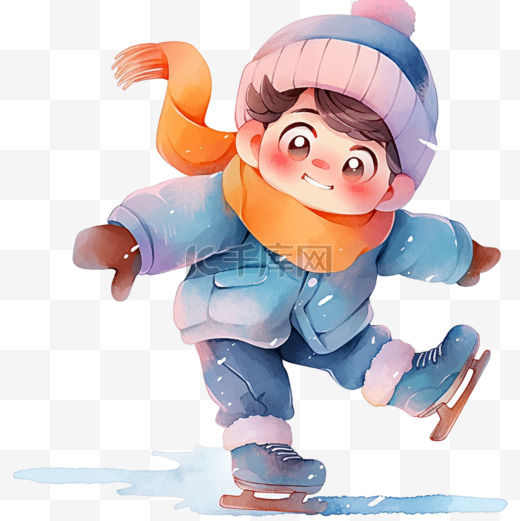 卡通冬天男孩滑冰手绘元素图片