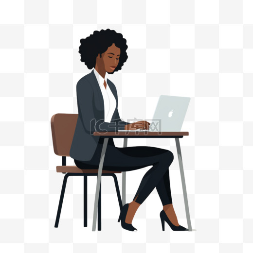坐在笔记本电脑上工作的黑人女商人图片