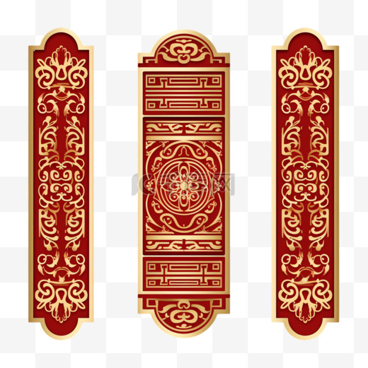 红色背景上的中文边框或边框。传统的亚洲装饰，金色的东方图案。横幅或卡片装饰的矢量元素，文本的线性模型。图片